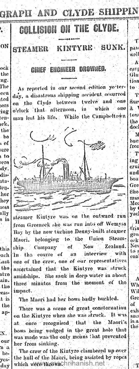 Newspaper clipping about the loss of the S.S. Kintyre