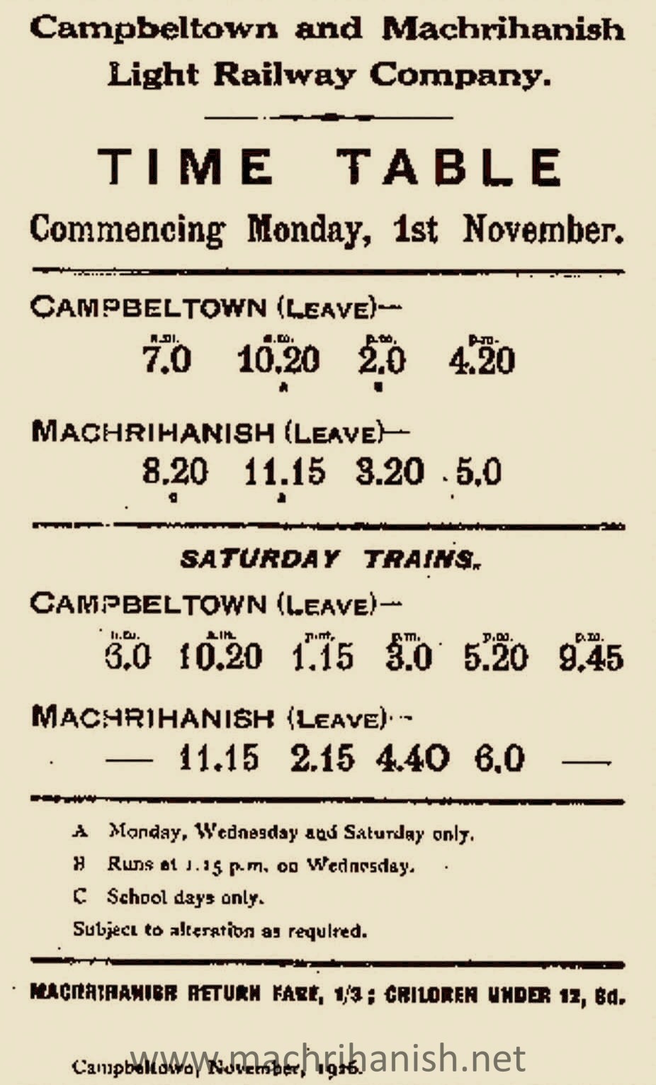 Campbeltown and Machrihanish Light RailwayCompany 1926 Timetable