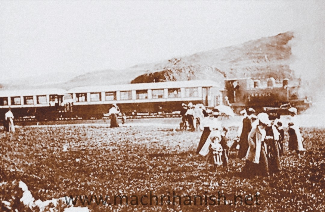 A passenger train arriving at Machrihanish Terminus